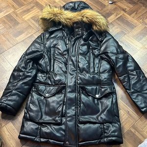 Zara Vegan Leather Puffer Coat W/ Detachable Faux Fur Hood